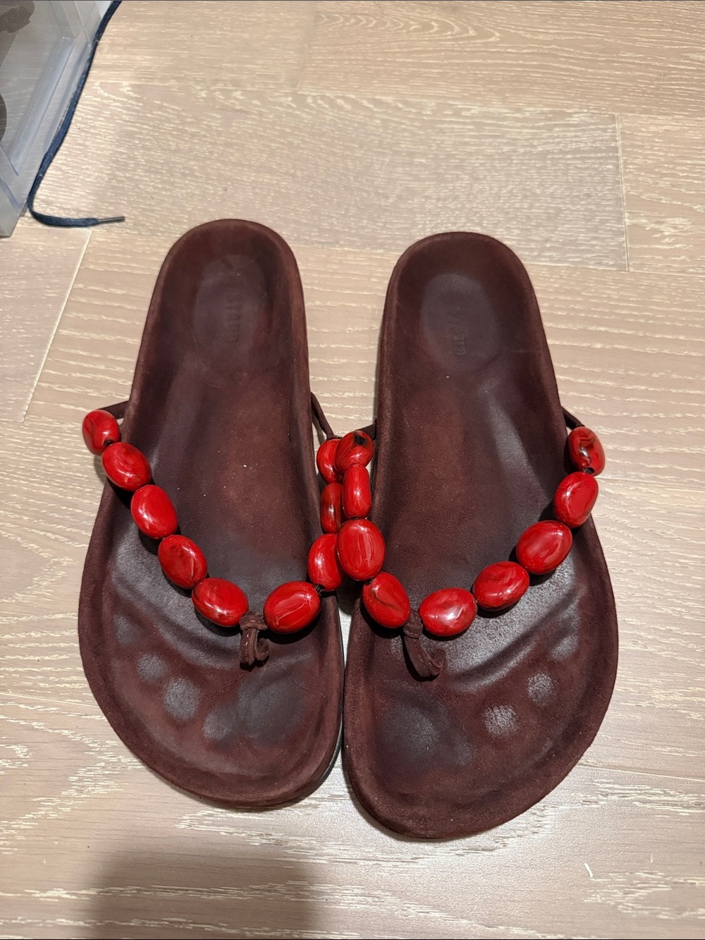 STAUD Brown Leather Beaded Thong Sandals with Red Beads